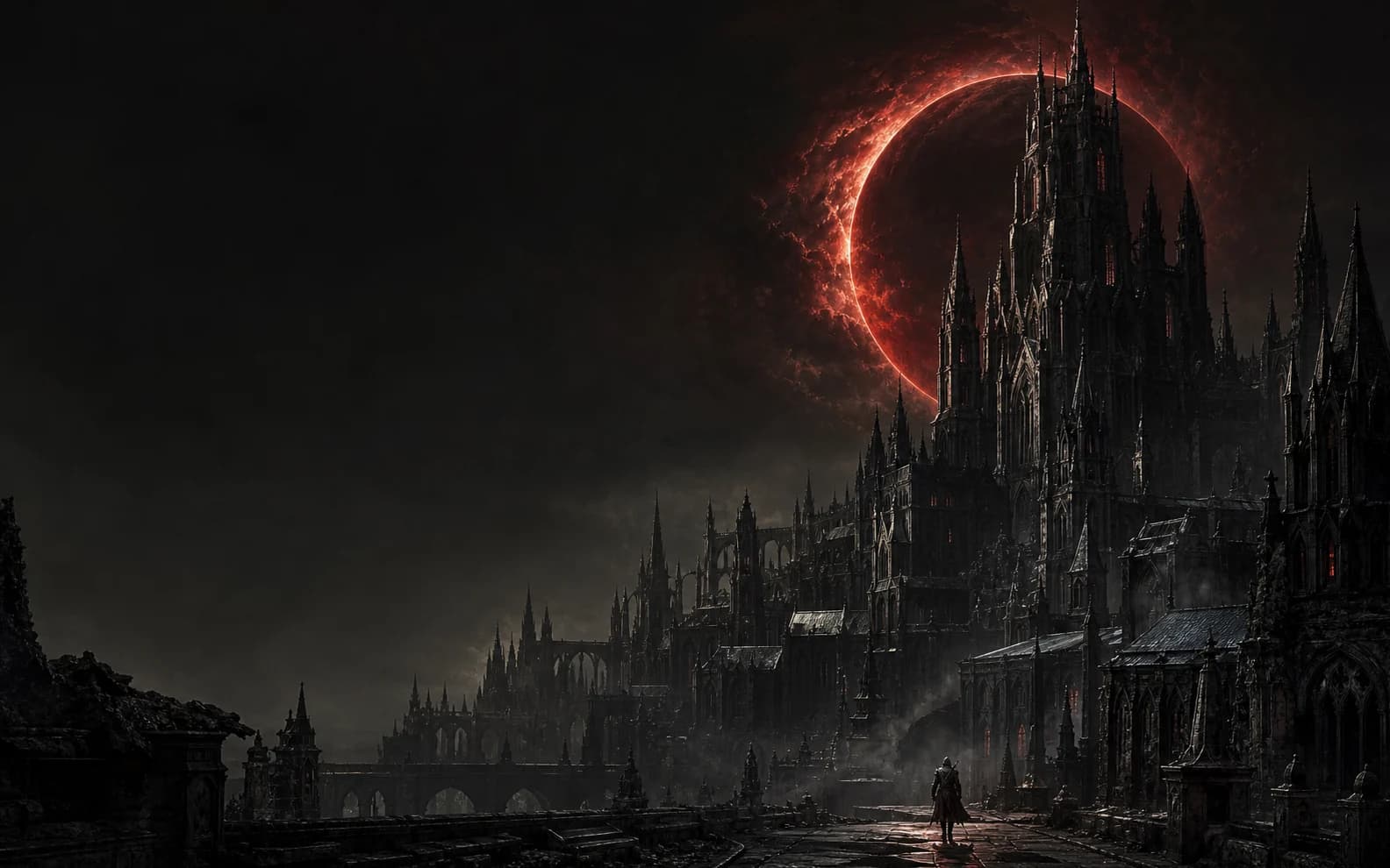 A vast crimson eclipse rising behind an original gothic city
