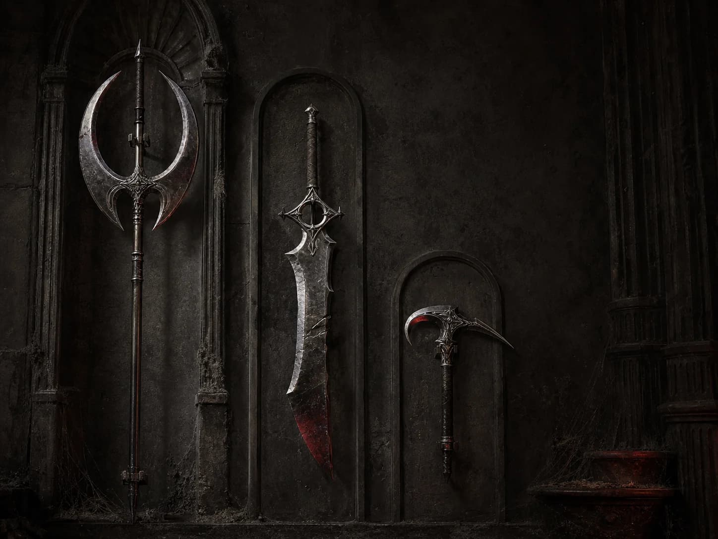 Three original dark-fantasy weapons displayed in an unequal stone reliquary